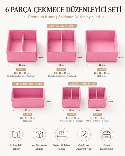 6 Parça Çekmece Düzenleyici Seti | Katlanabilir Kumaş Organizer