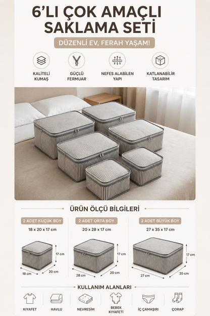 6'lı Çok Amaçlı Fermuarlı Saklama Çantası Seti | Valiz Organizer, Dolap ve Bavul Düzenleyici