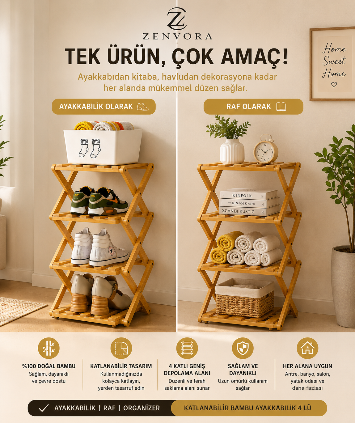 4 Katlı Katlanabilir Bambu Ayakkabılık