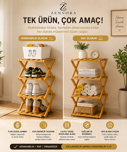 4 Katlı Katlanabilir Bambu Ayakkabılık